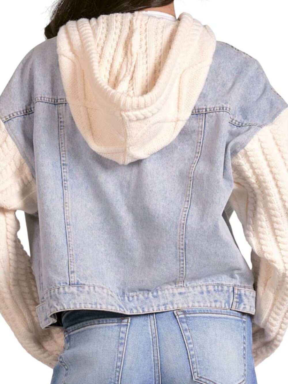 Elan Denim Knit Sleeve Hooded Jacket Mixed Media Large - Picture 2 of 10